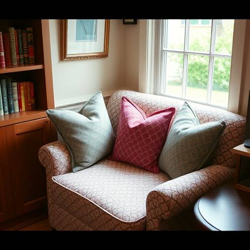 Comfortable armchair with patterned cushions in a reading nook