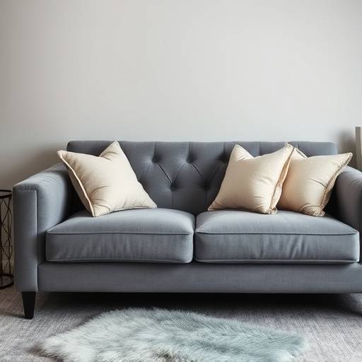 Elegant gray sofa with plush cushions and matching throw pillows